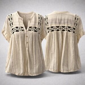 Free People Cedar Lace Crochet Cutout Boho Blouse Cream Striped Short Sleeve